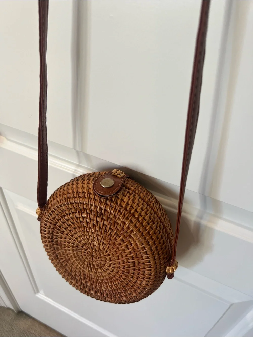 Round Rattan Woven Crossbody Bag in Brown